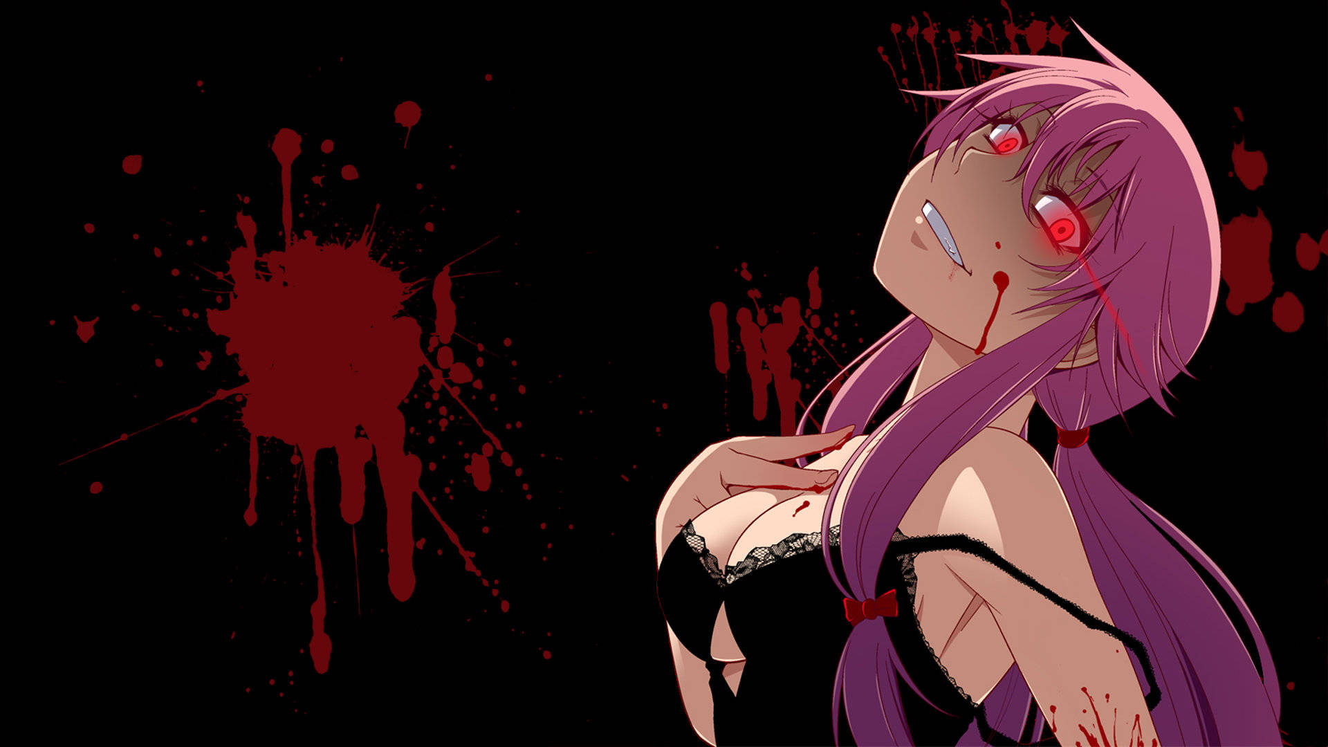 Yuno Gasai 黑暗誘惑 壁紙 — 一位紫髮紅眼、濺滿血跡的動漫女孩，在黑色背景上向上凝視。
