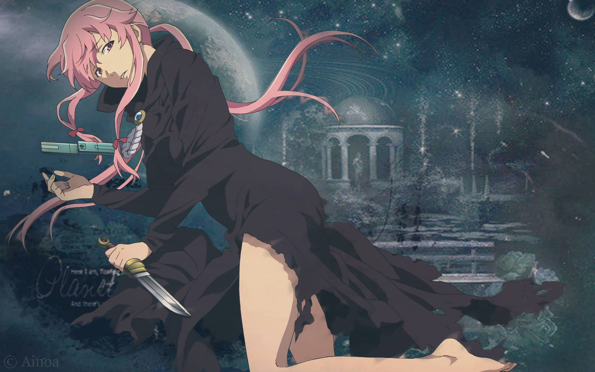 Yuno Gasai 黑裙 壁紙 — 一個粉紅色頭髮的動漫女孩穿著黑色外套，在月光下的天空下跪著拿著匕首，背景是一座廢墟寺廟。