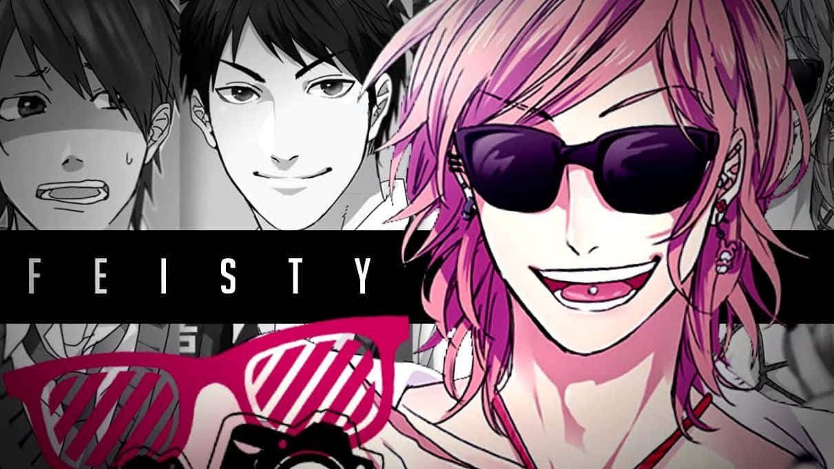 粉紅色頭髮和太陽眼鏡的動漫角色微笑，帶有「FEISTY」文字。