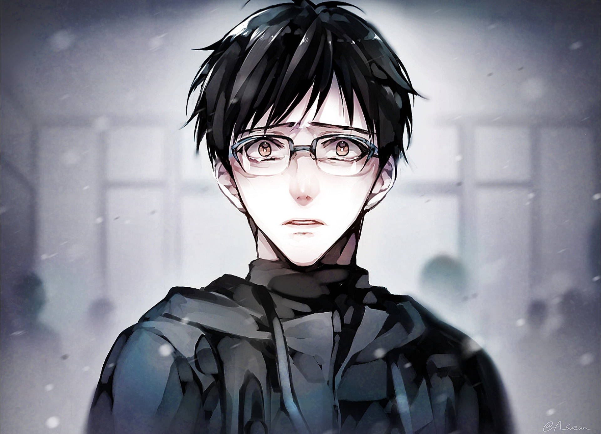 戴眼鏡的動漫男孩站在雪景室內場景