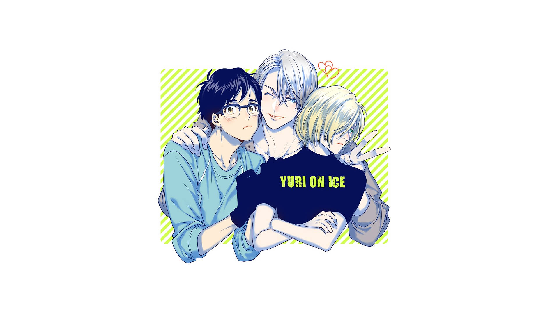 三個動漫角色擁抱，其中一件襯衫上有「YURI ON ICE」文字。