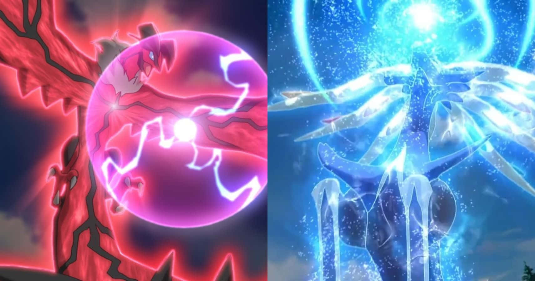 Yveltal 與 Xerneas 並肩發光 壁紙 — 一個分鏡的動漫場景顯示一條紅龍正在充能，而一條藍色冰龍則閃耀著水晶翅膀。
