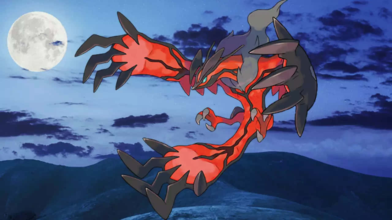 Yveltal 月圓之夜 壁紙 — 一隻火紅與黑色的龍系寶可夢在滿月下，於起伏山丘上的暮色天空中翱翔。