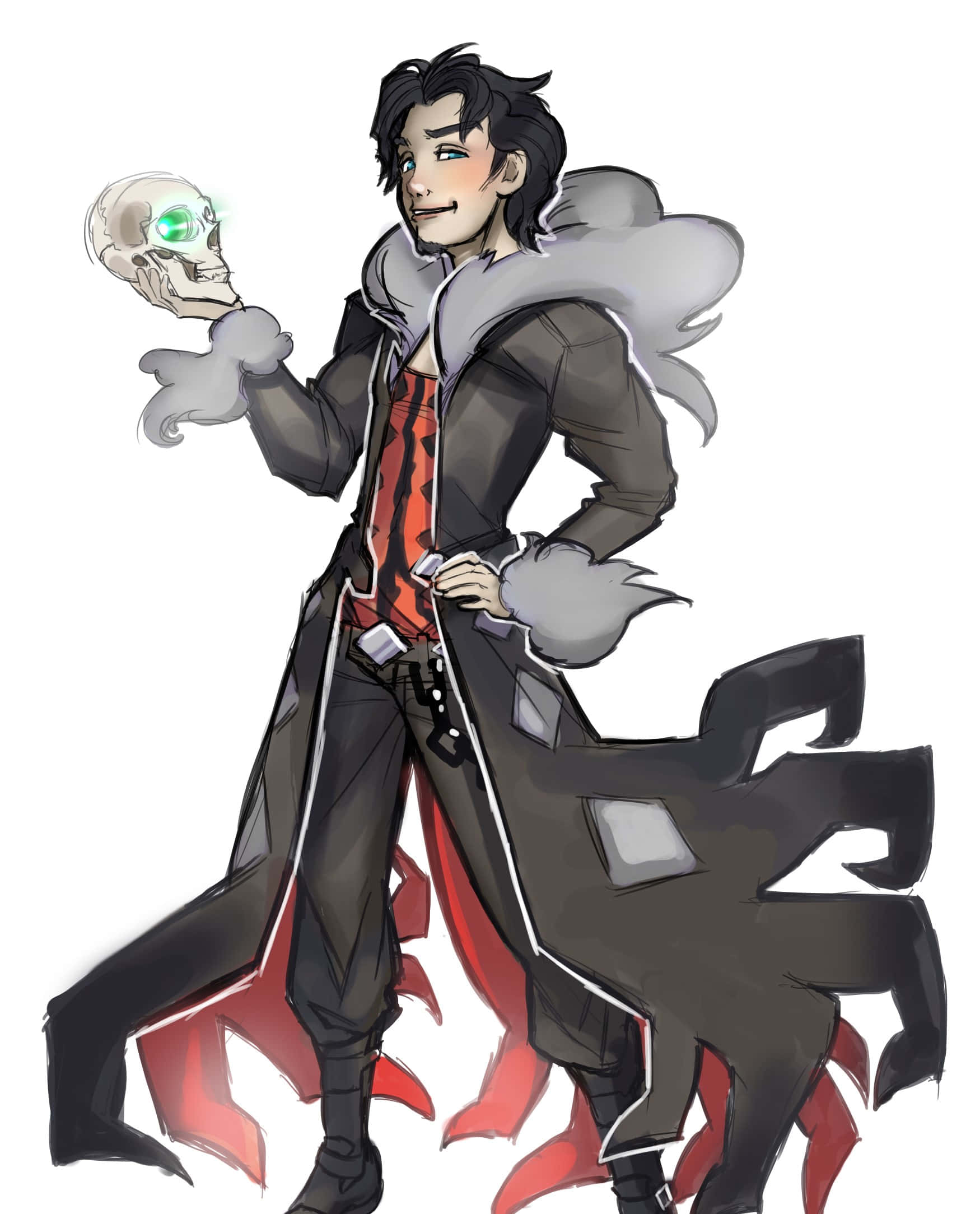 Yveltal 男性人形插畫 壁紙 — 一個風格化的動漫角色穿著深色外套，自信地微笑著，手持一個發光的綠色眼睛骷髏頭。
