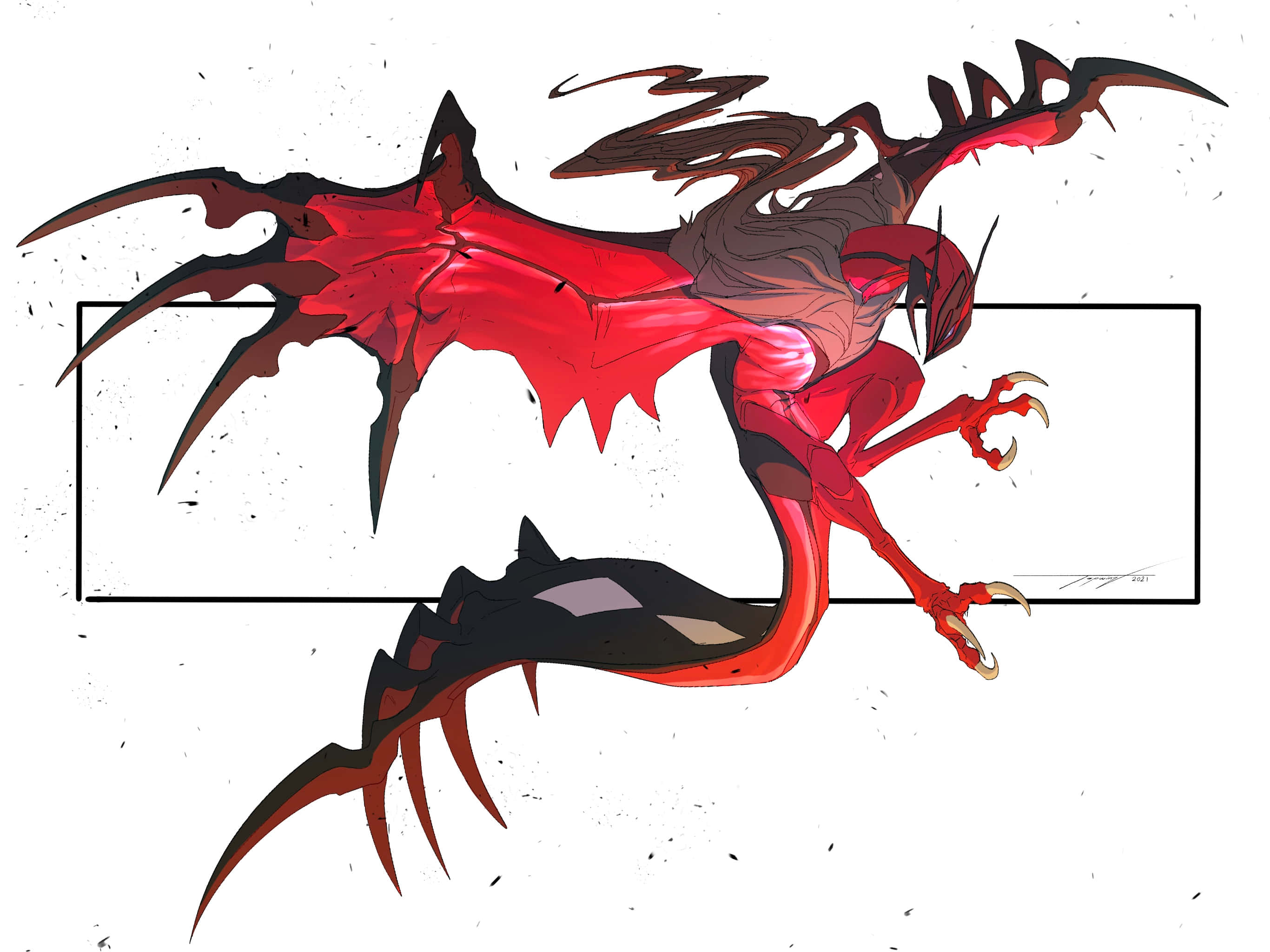 Yveltal 白色背景精美插畫 壁紙 — 一隻動態動漫風格的紅色龍，帶有尖刺翅膀和爪子，在純白背景上向前猛撲。