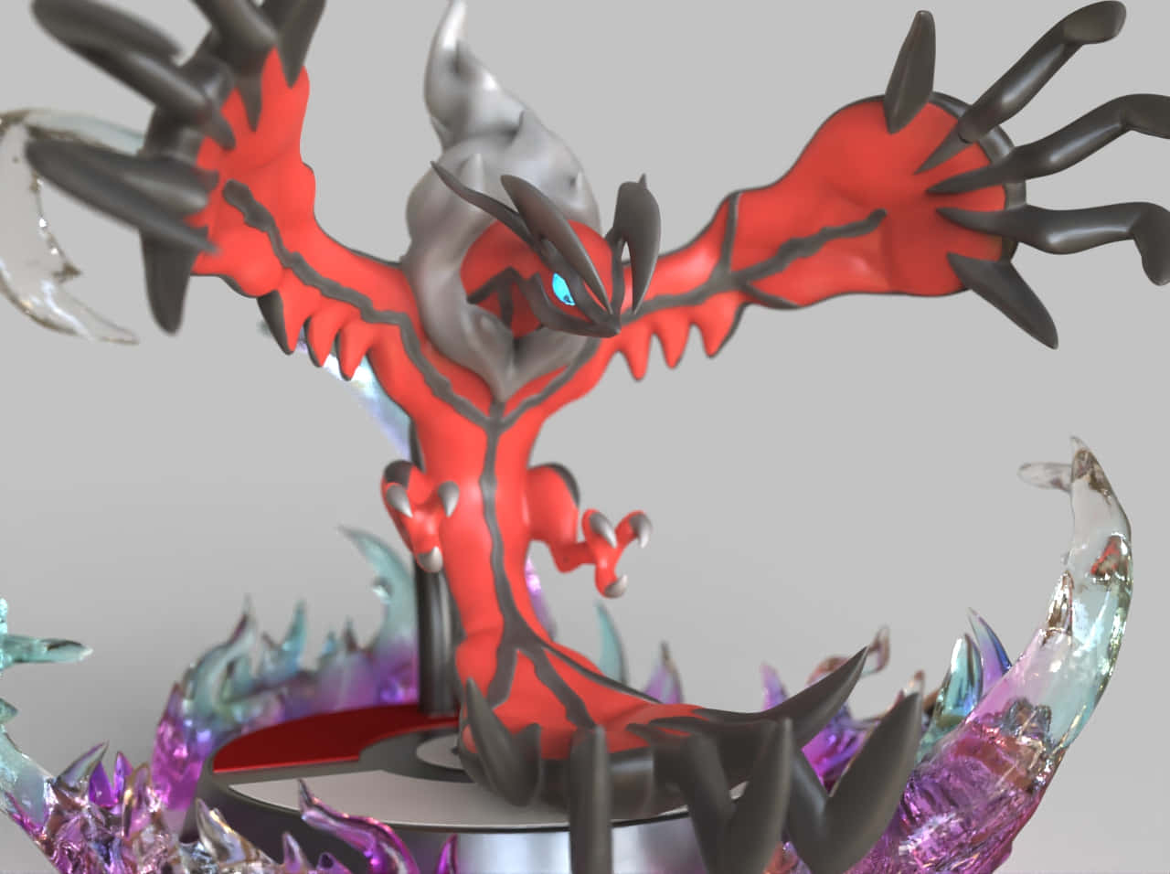 Yveltal 真實感 3D 模型 壁紙 — 紅色和黑色的寶可夢伊裴爾塔爾的動態3D渲染，藍色發光的眼睛和晶瑩的紫色能量在其底部旋轉。
