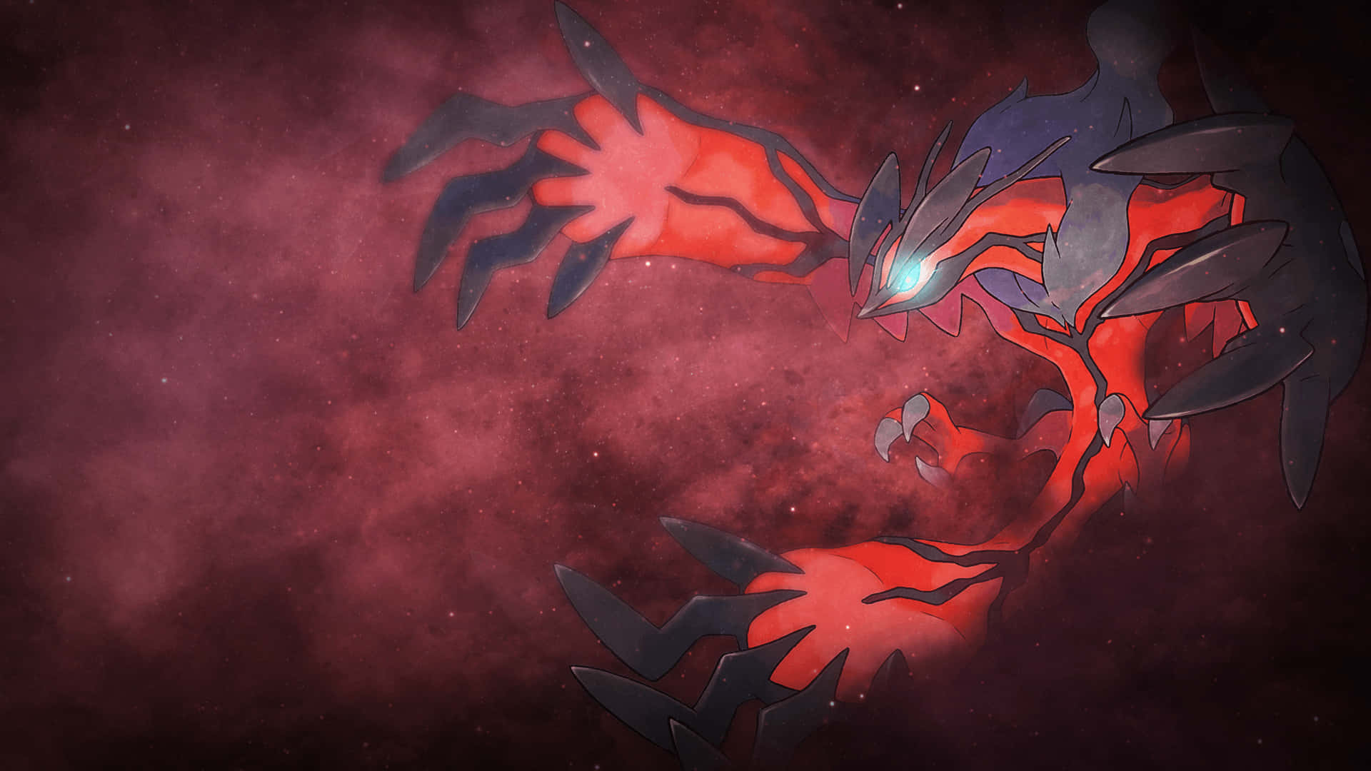 Yveltal 紅色紋理背景插畫 壁紙 — 一隻火紅與黑色的龍系寶可夢，帶著發光的藍色眼睛，從旋轉的宇宙星雲中出現。