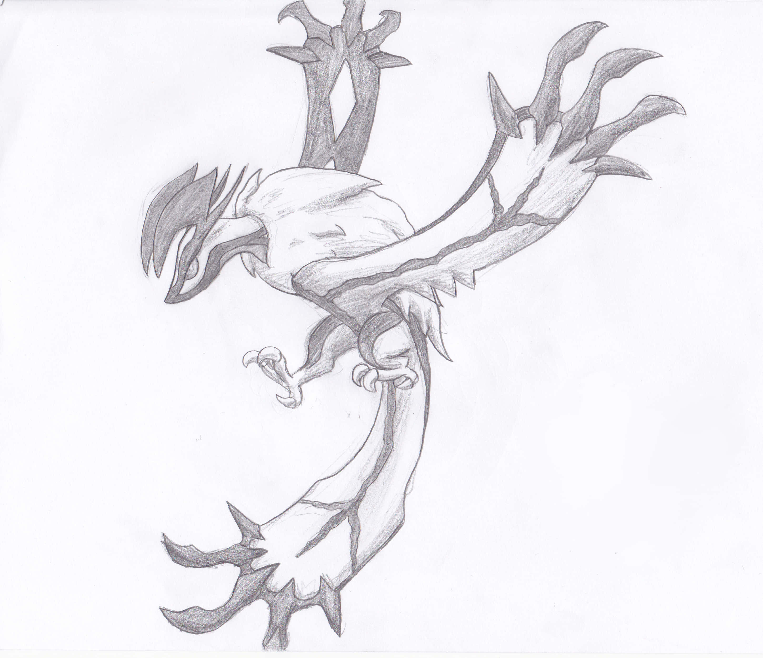 Yveltal 紙上鉛筆素描 壁紙 — 一幅動態鉛筆素描，描繪一隻風格化的鳥類生物，擁有鋒利的爪子和羽毛翅膀，正在飛行中。
