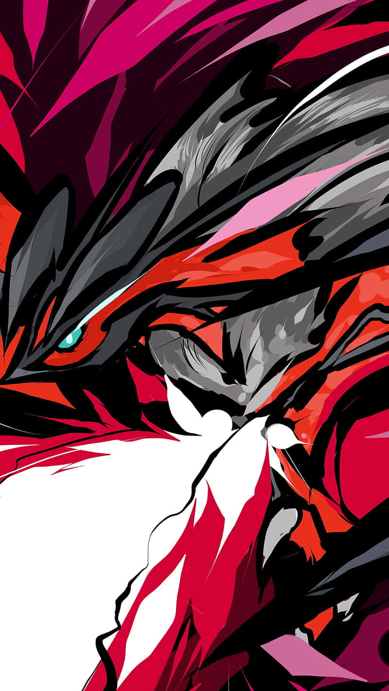 Yveltal 色彩繽紛抽象圖像 壁紙 — 一隻兇猛的動漫龍，擁有發光的藍綠色眼睛和流動的紅、灰、黑色鱗片，在純白色背景下強烈凝視。