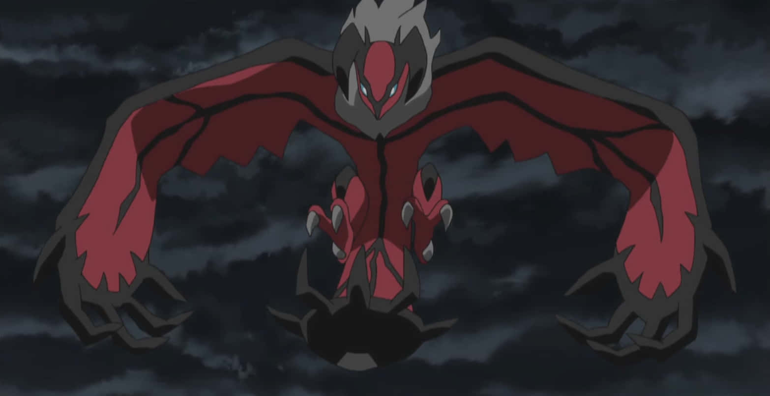 Yveltal 配陰沉天空背景 壁紙 — 一隻帶有蝙蝠翅膀的威脅性紅黑動漫生物在黑暗暴風雨的天空中翱翔。