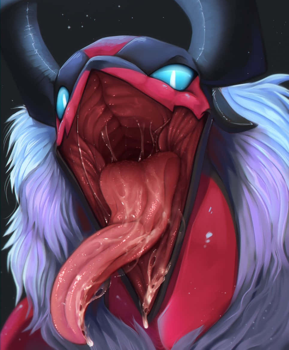 Yveltal 面部特寫 壁紙 — 一隻擁有發光藍色眼睛和白色毛皮的惡魔動漫生物，對著繁星點點的夜空咆哮。