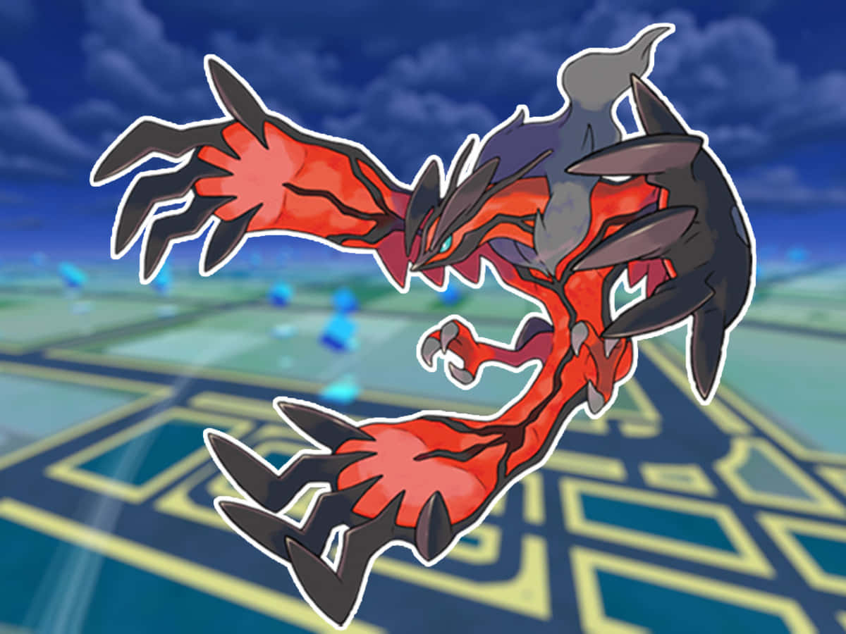 Yveltal 飛翔 — 寶可夢 GO 中的毀滅象徵 壁紙 — 一隻火紅與黑色的龍系寶可夢，擁有鋒利的爪子和發光的眼睛，在風格化的藍天中動態翱翔。