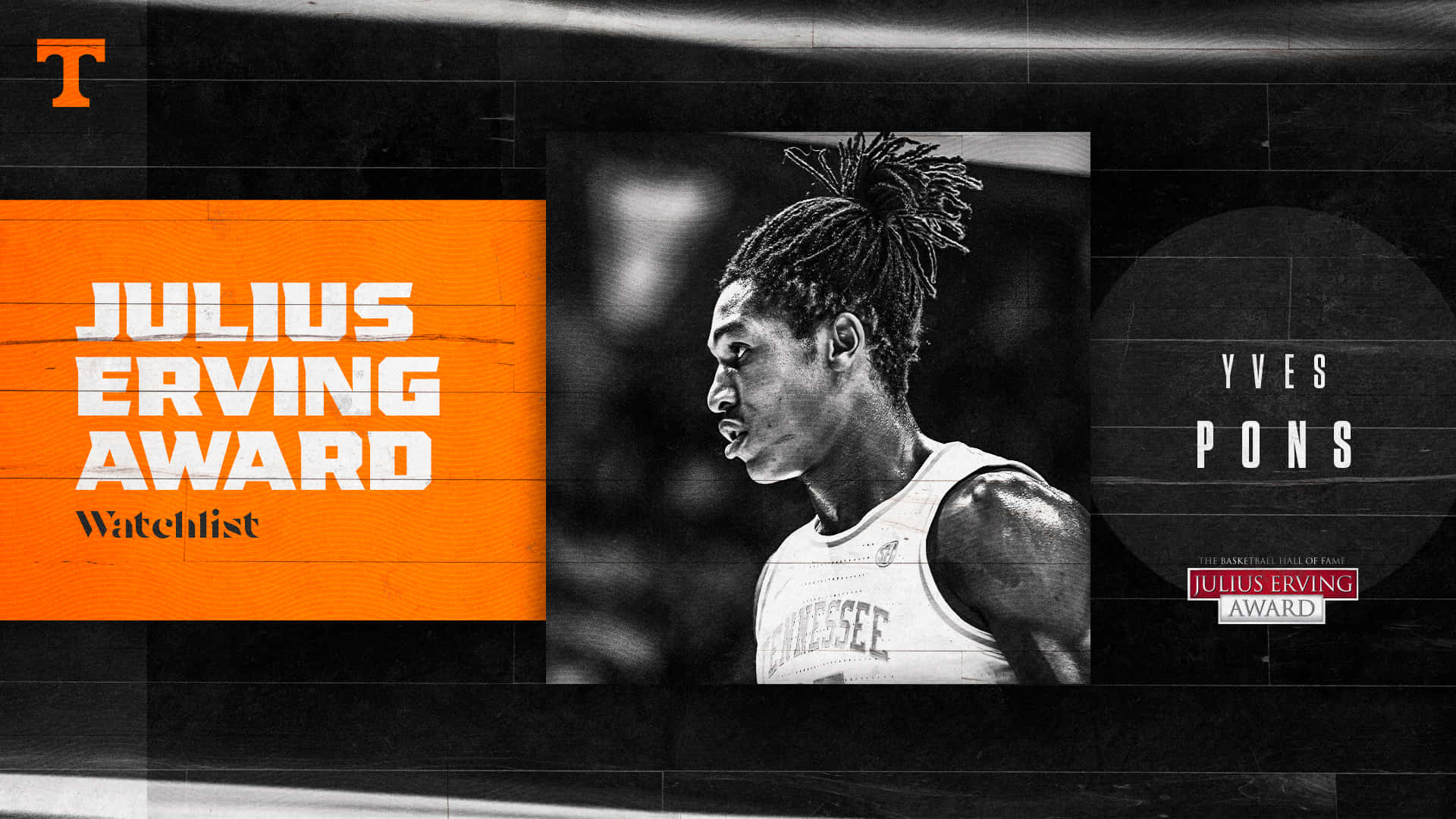 Yves Pons 入選朱利葉斯·歐文獎候選名單 壁紙 — 一名身穿田納西州球衣的籃球運動員的黑白肖像，帶有橙色 Julius Erving 獎項圖案。