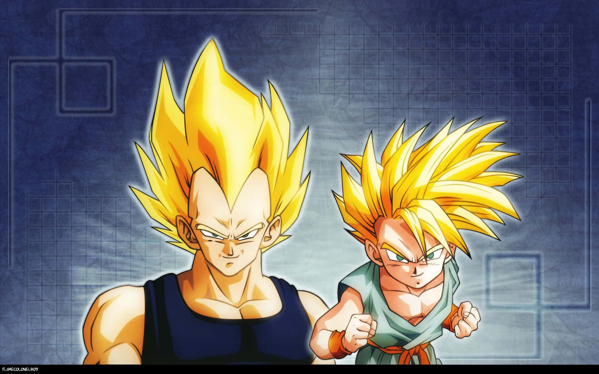 《龍珠Z》中的時空戰士特蘭克斯 壁紙 — 兩位金色刺蝟頭的動漫戰士站在網格圖案的藍色背景上，握緊拳頭，瞇起眼睛。