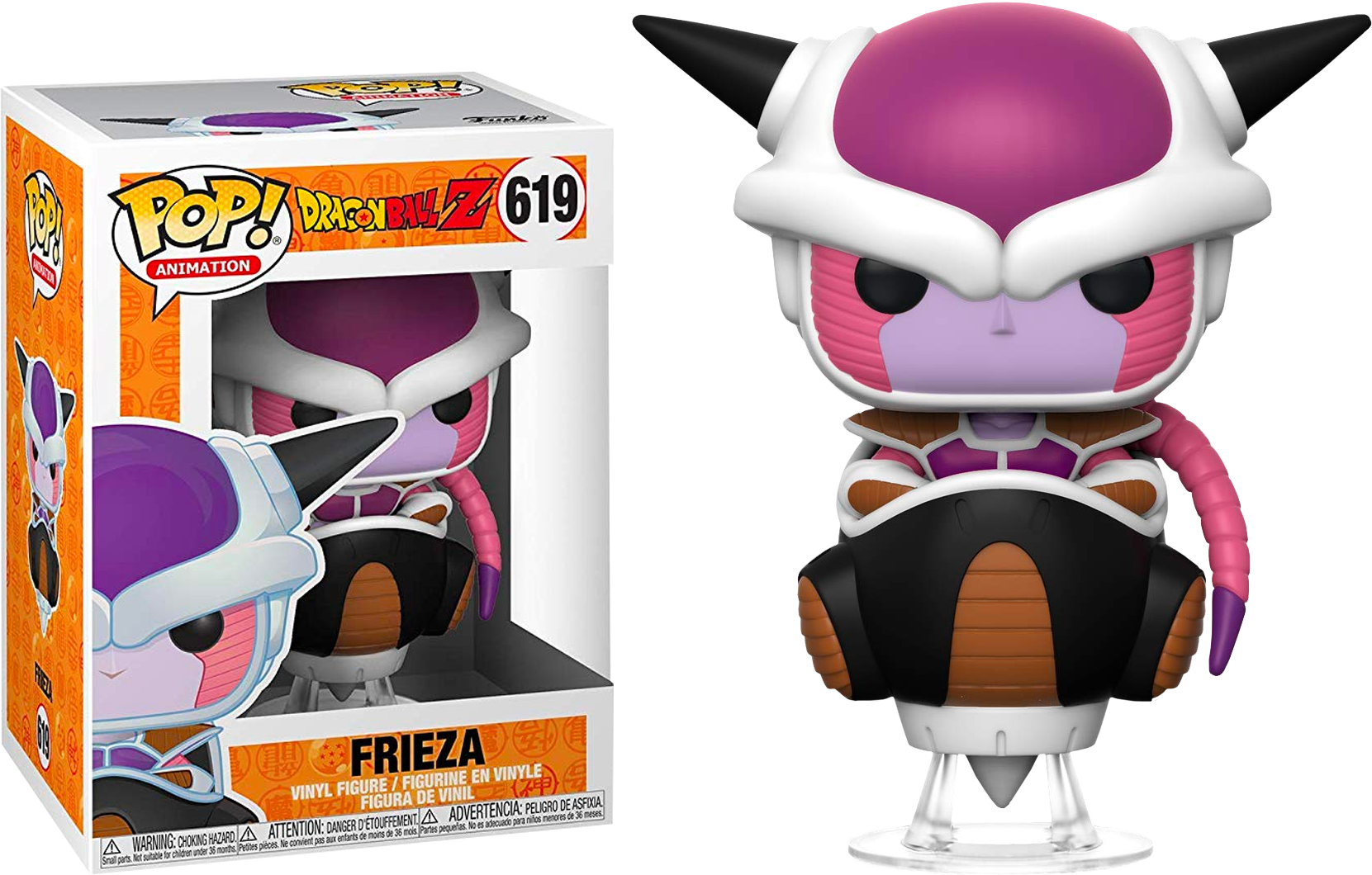 龍珠Z弗利薩 Funko Pop 毛絨公仔 壁紙 — 來自龍珠Z的菲利Funko Pop! 乙烯基人偶站在其橙色和白色收藏盒旁邊，背景為黑色。