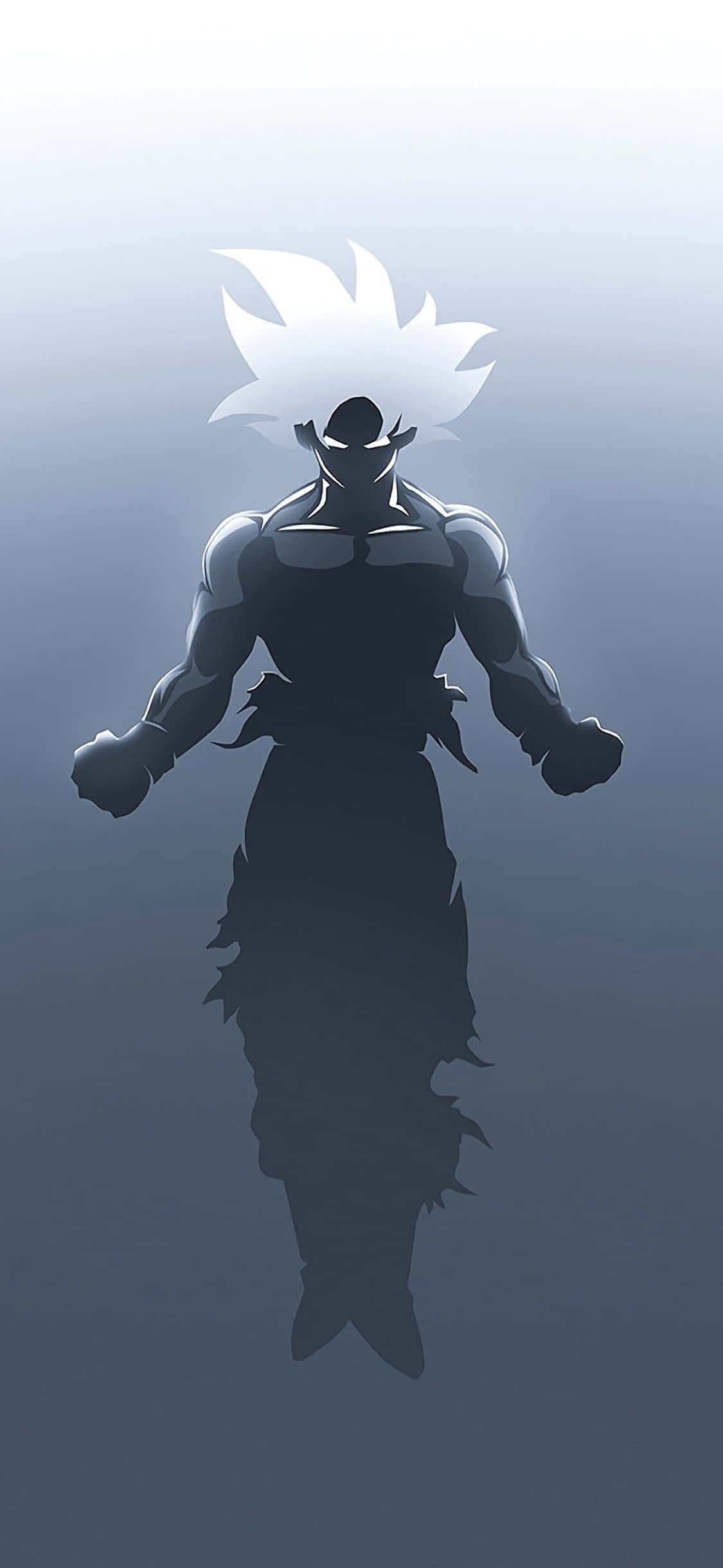 動畫《龍珠Z》中 Goku 的單色壁紙 壁紙 — 一個擁有尖刺白髮和發光光環的強大動漫戰士，站在迷霧漸變背景中。