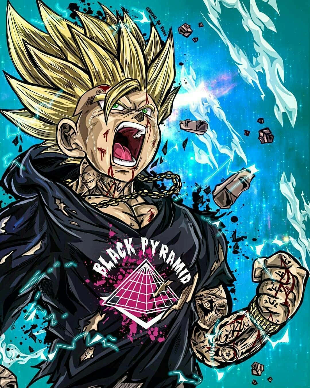 動畫《龍珠Z》中 Goku 的酷炫壁紙 壁紙 — 一個兇猛的動漫戰士，擁有尖刺金髮和血跡斑斑的臉，在充滿破碎碎片和發光能量的宇宙藍色背景前咆哮。
