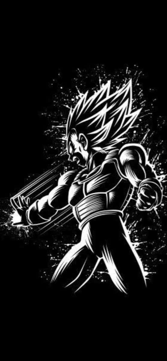 龍珠 Z 中 Goku 與 Vegeta 的黑白對戰 壁紙 — 一幅動態黑白插圖，描繪一個頭髮尖刺的動漫戰士在黑暗背景前擺出強力的戰鬥姿勢。