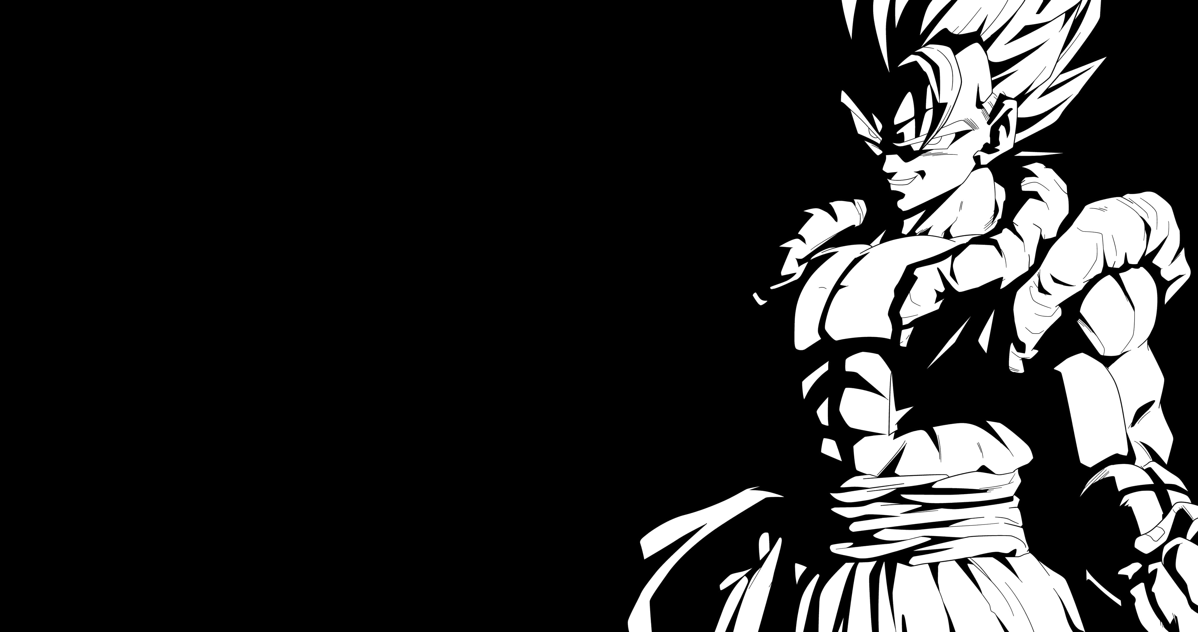 《龍珠Z》經典角色 Vegeta 黑白側影 壁紙 — 一個大膽的黑白動漫角色，擁有尖刺頭髮和肌肉發達的身材，在黑暗背景下擺出強而有力的姿勢。