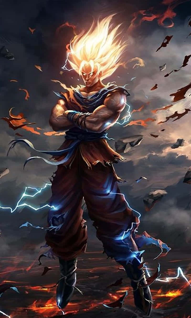 《龍珠Z》暗黑悟空3D畫像 壁紙 — 一位強大的動漫戰士，金髮藍電在他周圍噼啪作響，他站在風暴肆虐的戰場上，碎片飛揚。