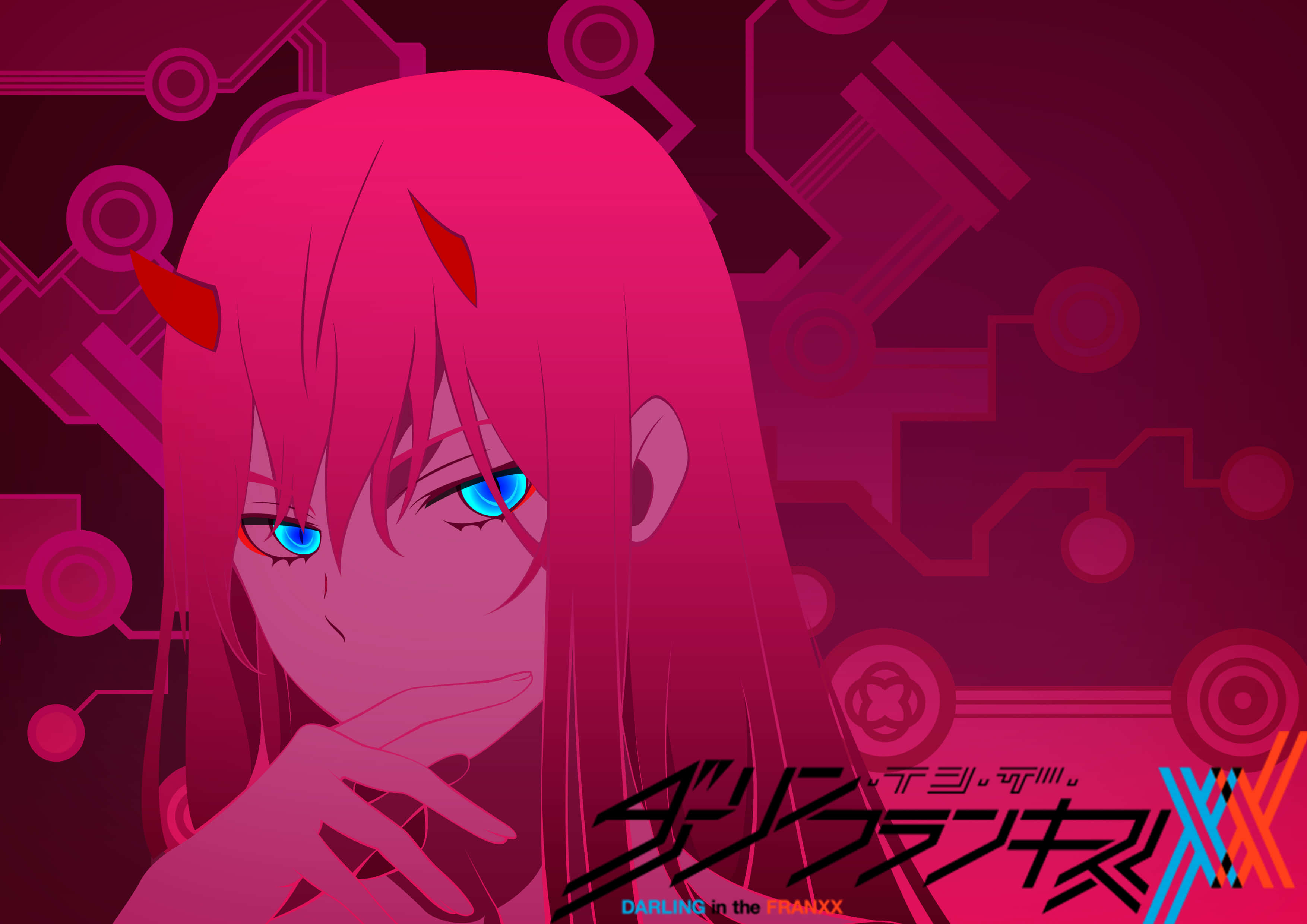 Zack與Zero Two身著機甲戰鬥服，來自《Darling in the Franxx》 壁紙 — 一位粉紅色頭髮、藍色眼睛和紅色角的動漫女孩，在電路板背景前若有所思地凝視。