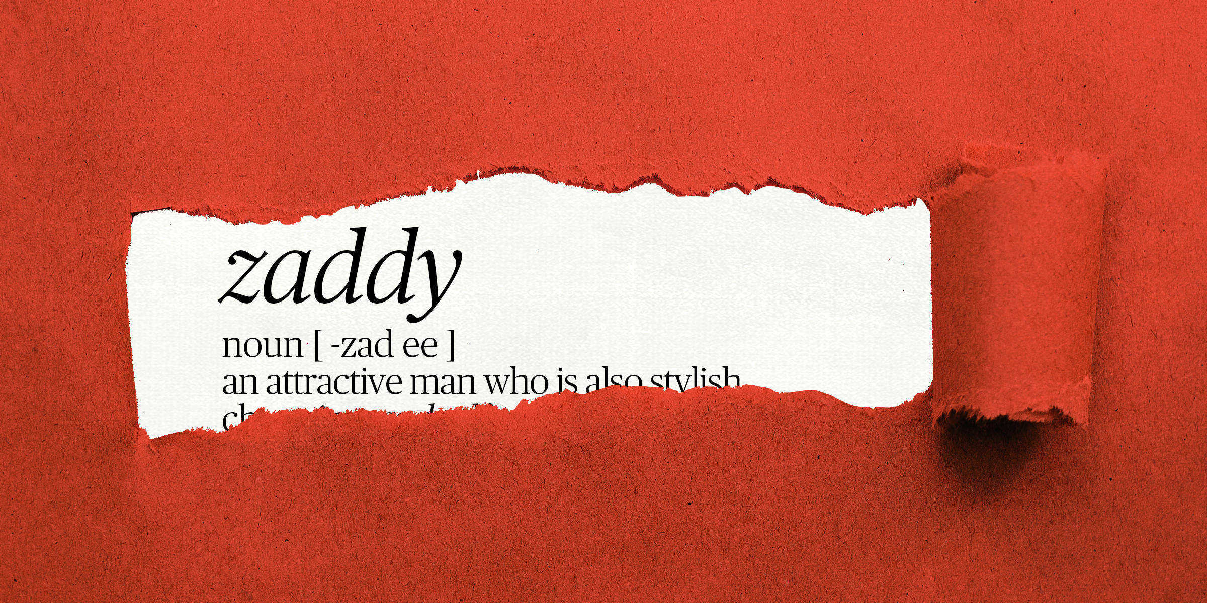 「Zaddy」詞義 壁紙 — 一張撕破的白紙在紋理紅背景上揭示了「zaddy」的定義。