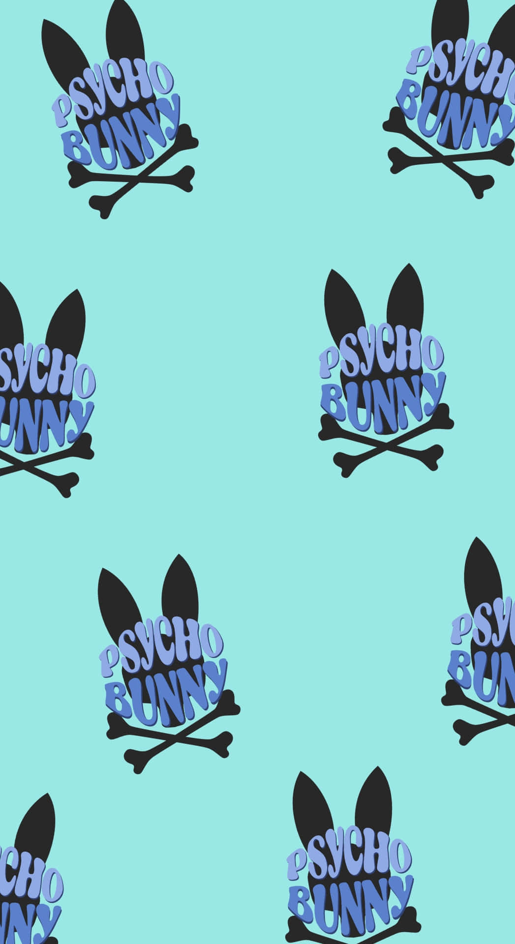  壁紙 — 在薄荷綠色背景上重複的 Psycho Bunny 標誌，帶有交叉骨頭。