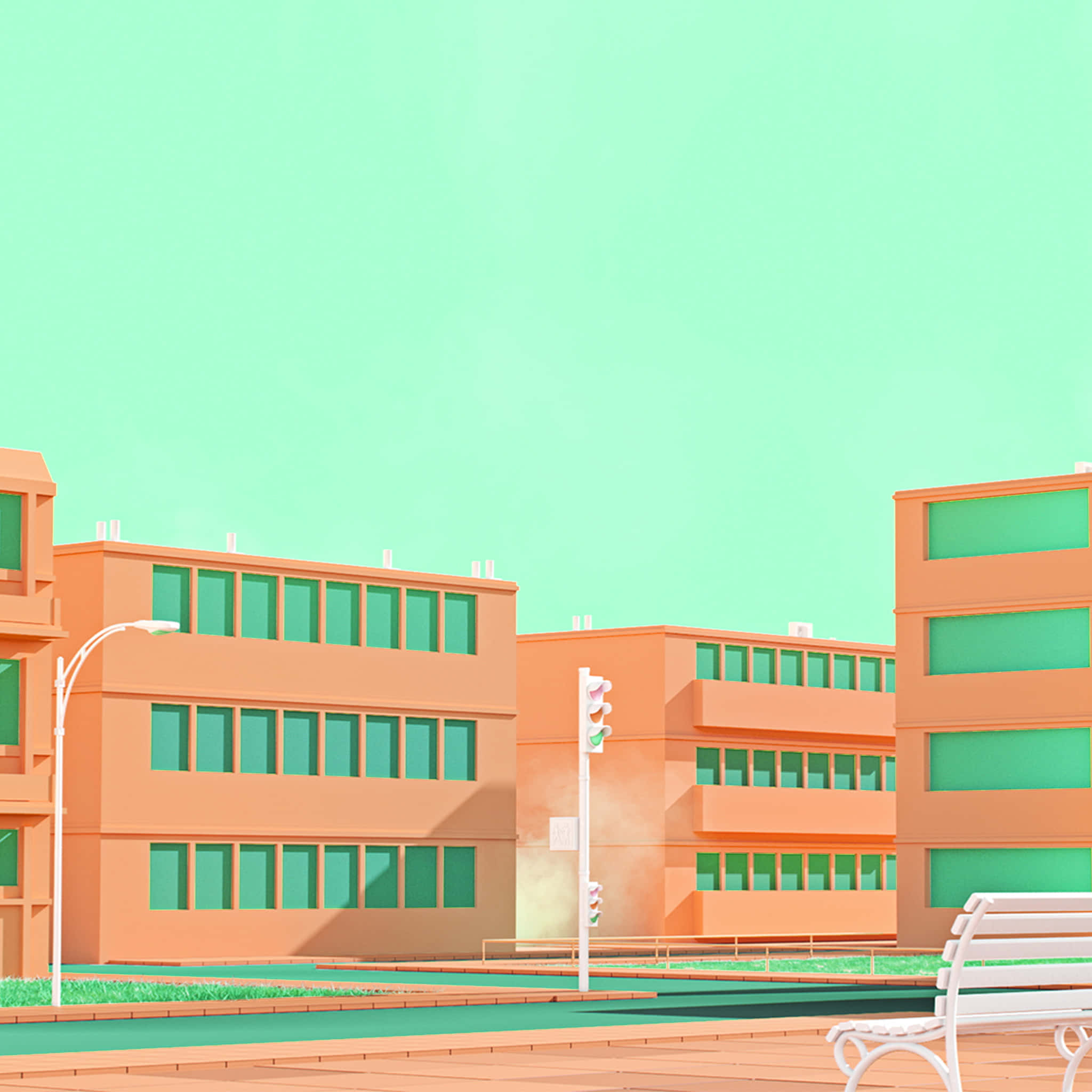 School Aesthetic 桌布 壁紙 — 在薄荷綠天空下，桃色建築物配搭青綠色窗戶、白色長椅和交通燈的簡約插圖。