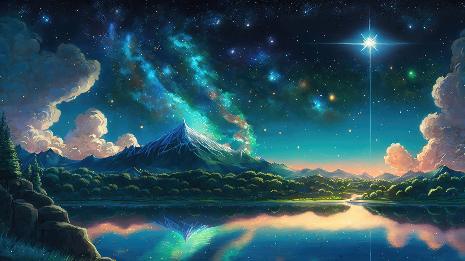  壁紙 — 在充滿活力的星空下，雄偉的山峰與發光的星雲倒映在被森林環繞的寧靜湖泊中。