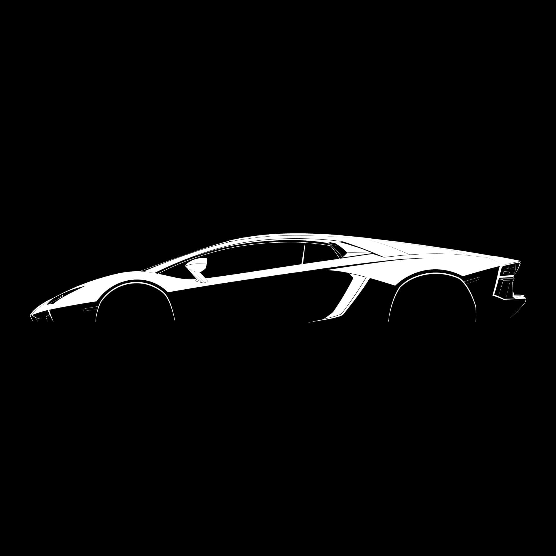 Lamborghini Silhouette 桌布 壁紙 — 在純黑色背景上，一幅流暢的白色線條繪畫，描繪出跑車的輪廓。