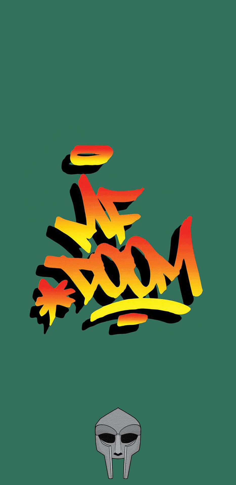 壁紙 — 在純綠色背景上，大膽火熱的塗鴉文字寫著「DOOM」，下方有一個斯巴達頭盔。