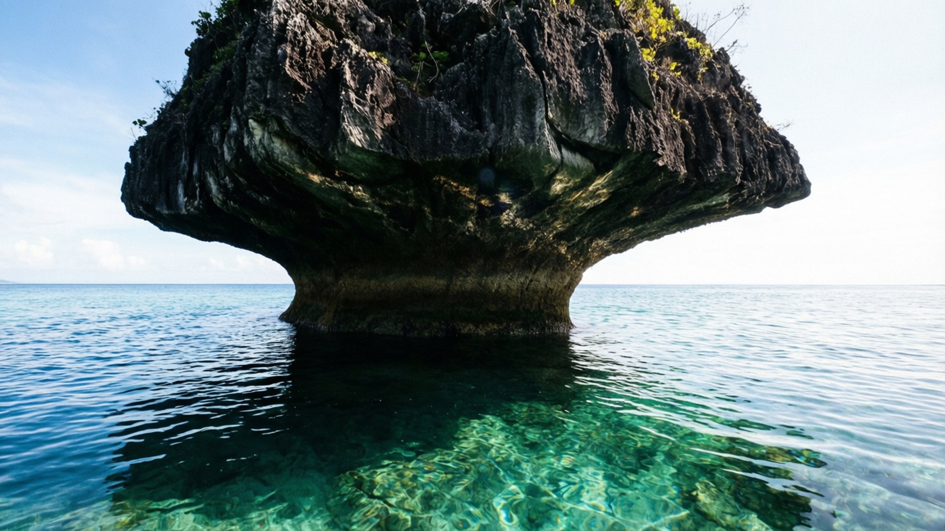 Mushroom Rock Island 壁紙 — 在明亮的藍天下，巨大的深色岩層從清澈的碧綠海水中升起。