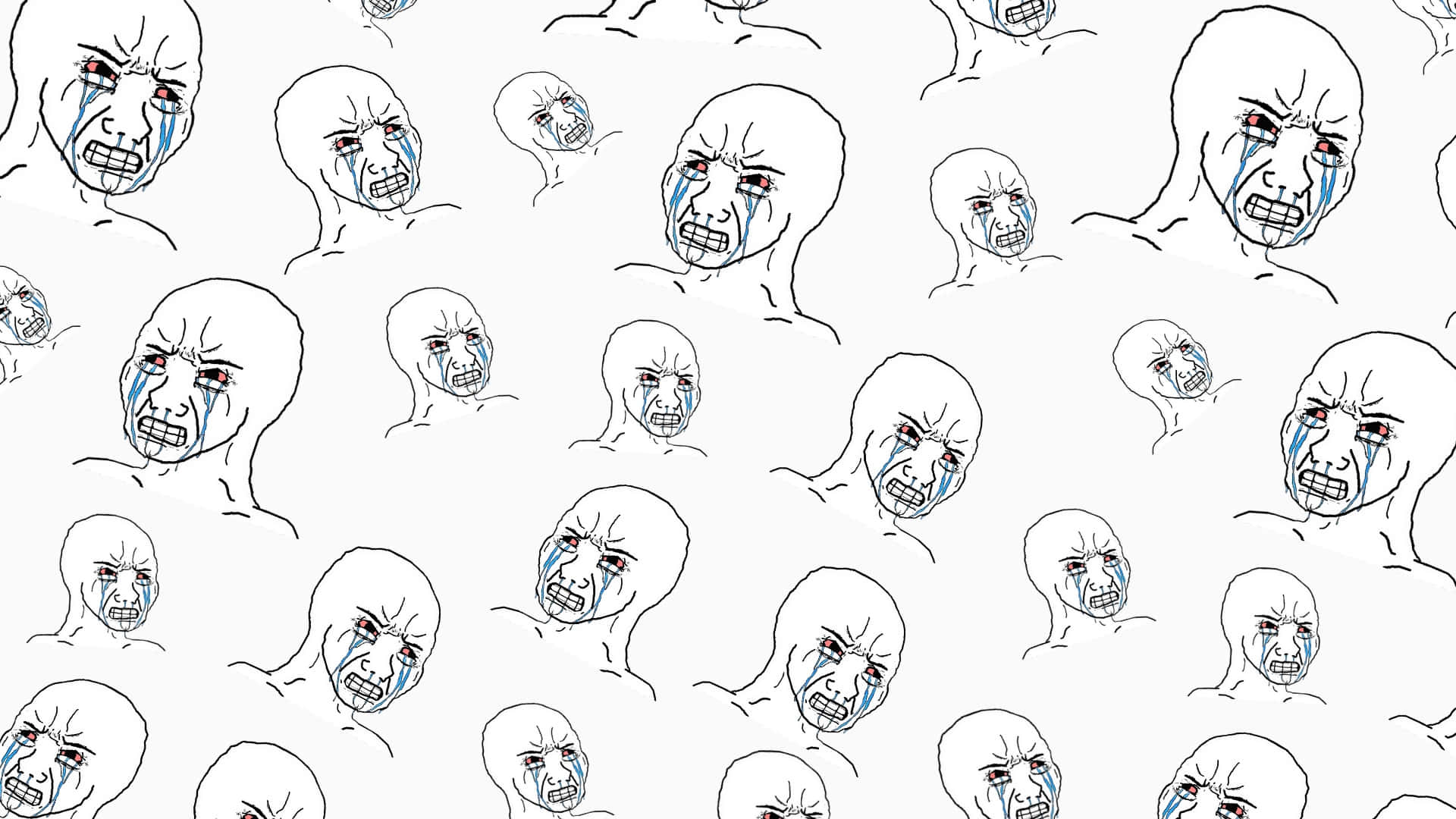  壁紙 — 在淺灰色背景上重複出現的卡通面孔，帶著憤怒的眼淚和咬緊的牙齒。