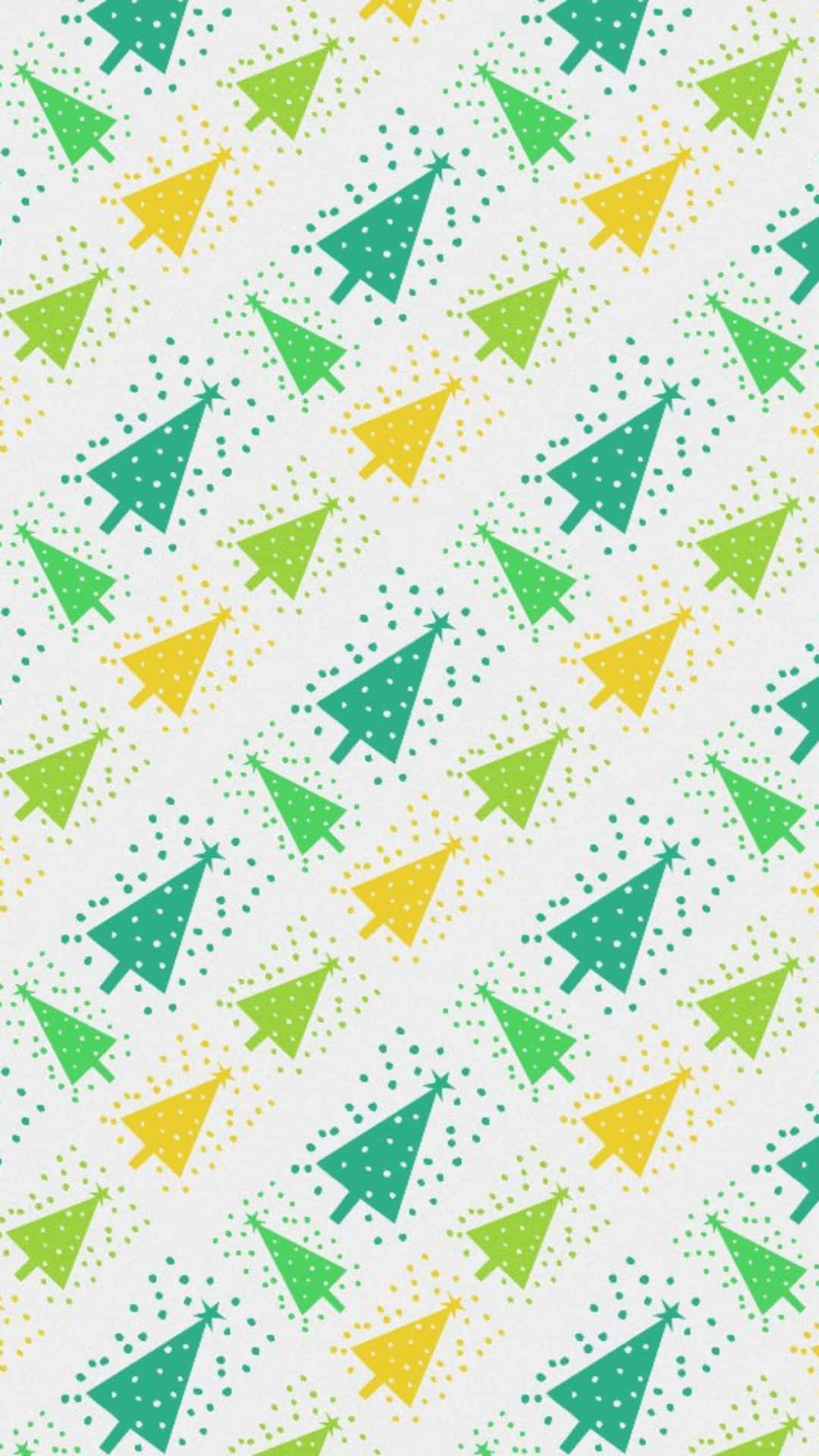 Christmas Pattern 桌布 壁紙 — 在淺色背景上重複出現的綠色和黃色風格化聖誕樹圖案，帶有圓點雪花裝飾。