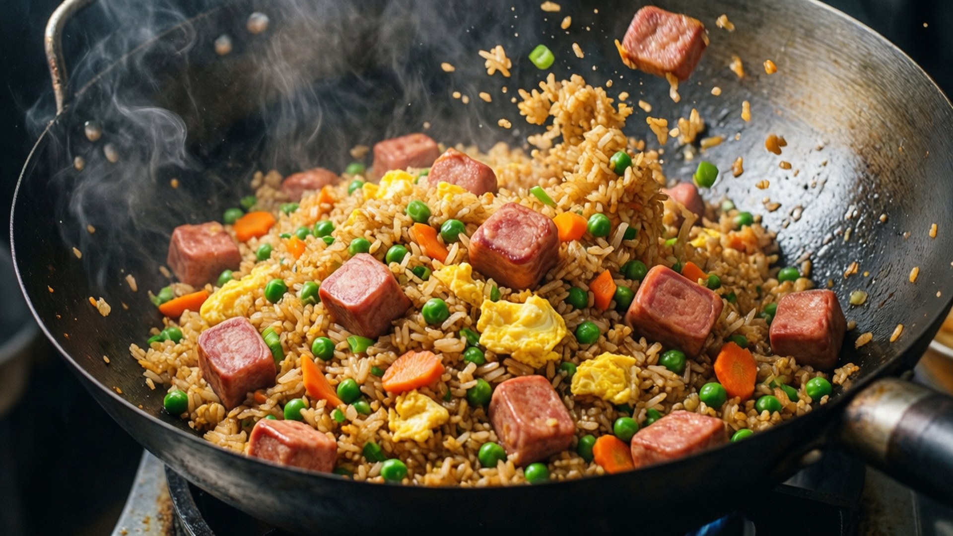 Spam 桌布 壁紙 — 在熱鍋中翻炒的蒸氣騰騰炒飯，配以香腸、豌豆和胡蘿蔔