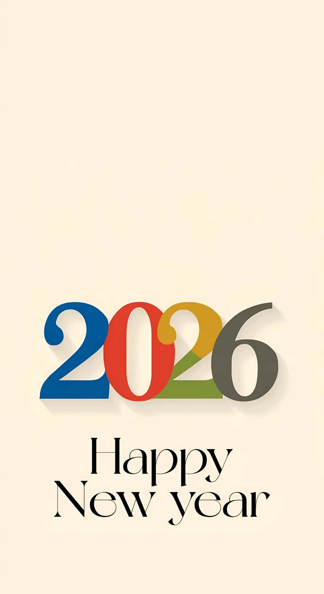  壁紙 — 在柔和的米色背景上，帶有色彩鮮豔的2026數字和「Happy New Year」文字。
