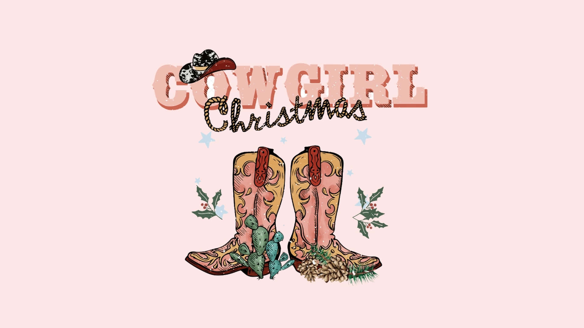  壁紙 — 在柔和粉紅色背景上，帶有「Cowgirl Christmas」文字，裝飾著仙人掌和冬青的女牛仔靴。