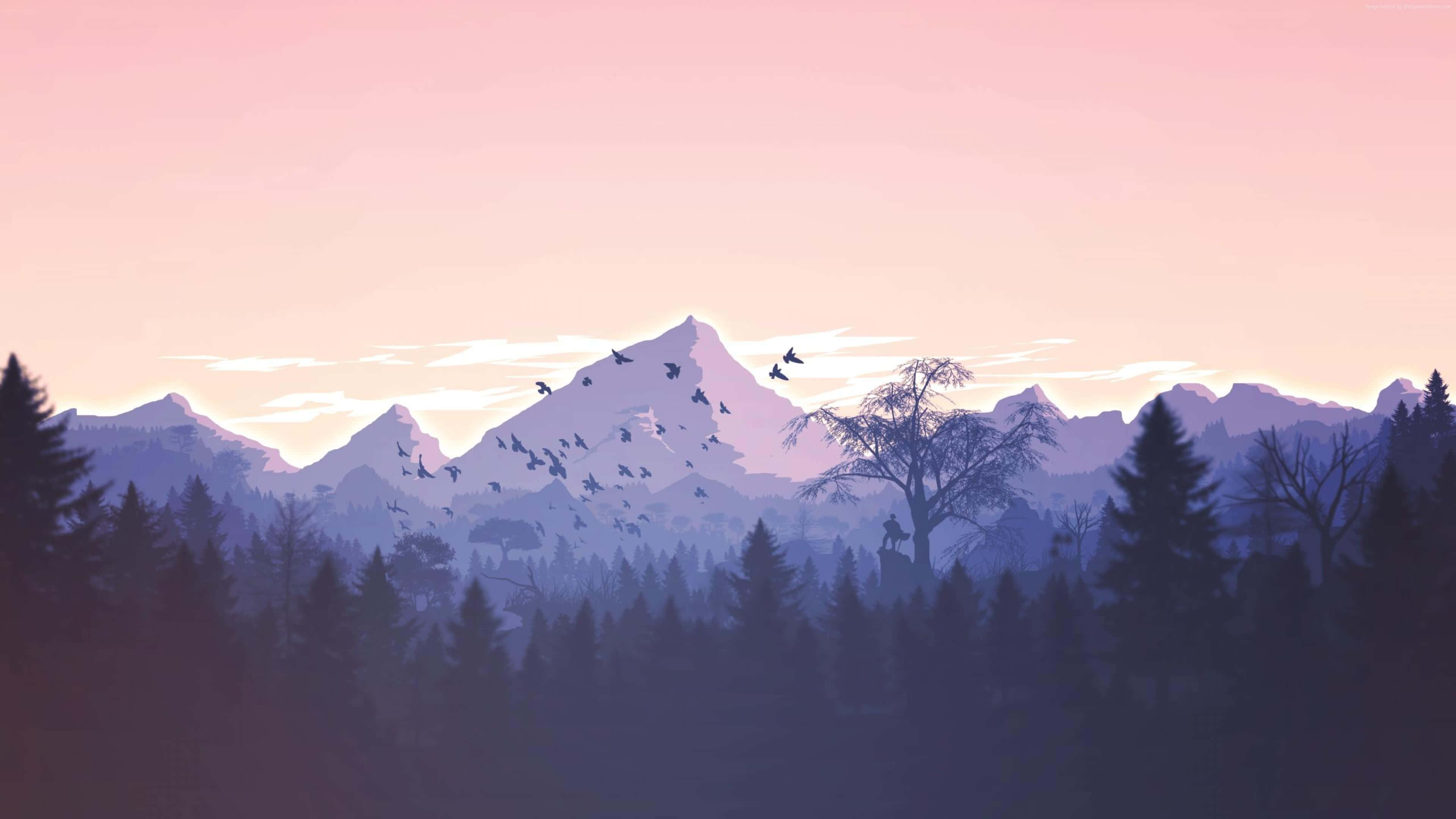 Abstract Landscape 桌布 壁紙 — 在柔和粉紅色的日落天空下，剪影般的山脈和森林，鳥兒在上空飛翔。