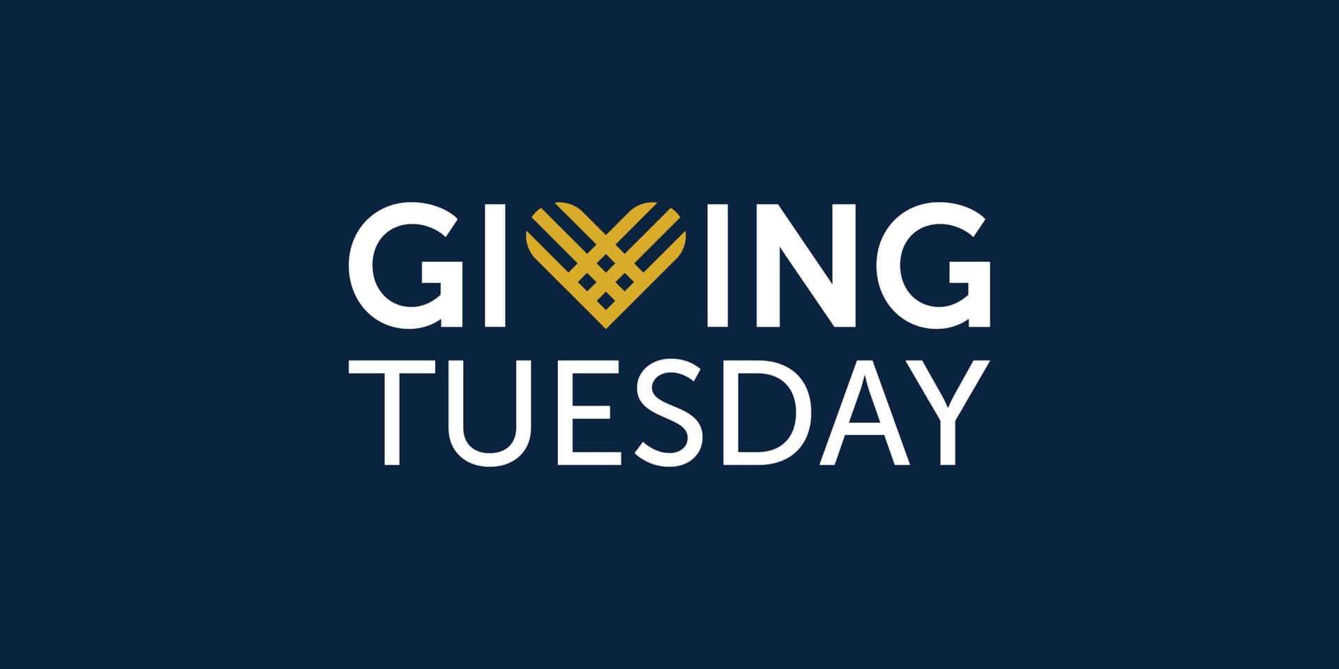  壁紙 — 在深海軍藍背景上，大膽的白色和金色 Giving Tuesday 文字，以編織心形取代字母 O。