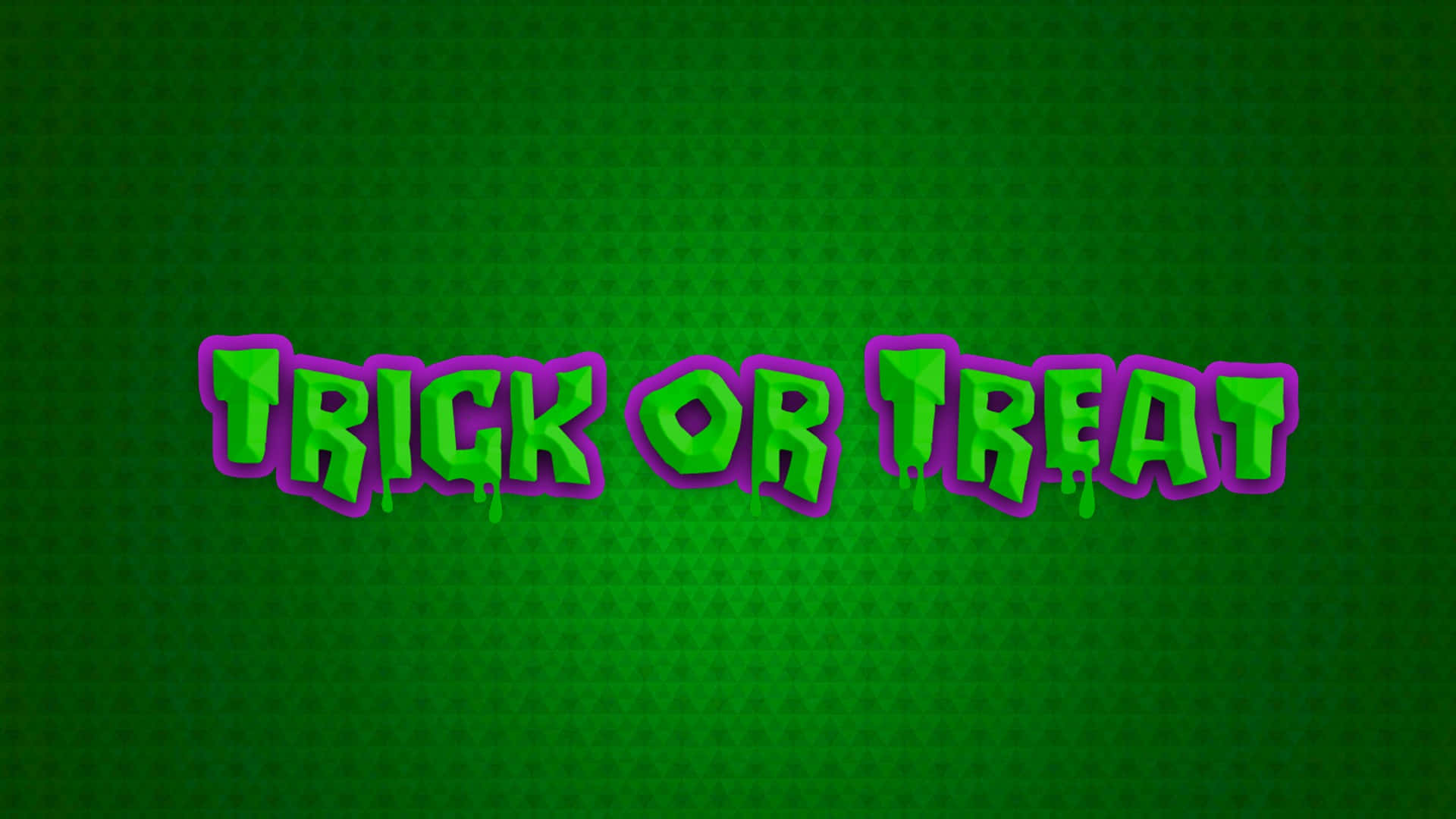 深綠色背景上帶有紫色滴落的綠色 'trick or treat' 萬聖節文字。
