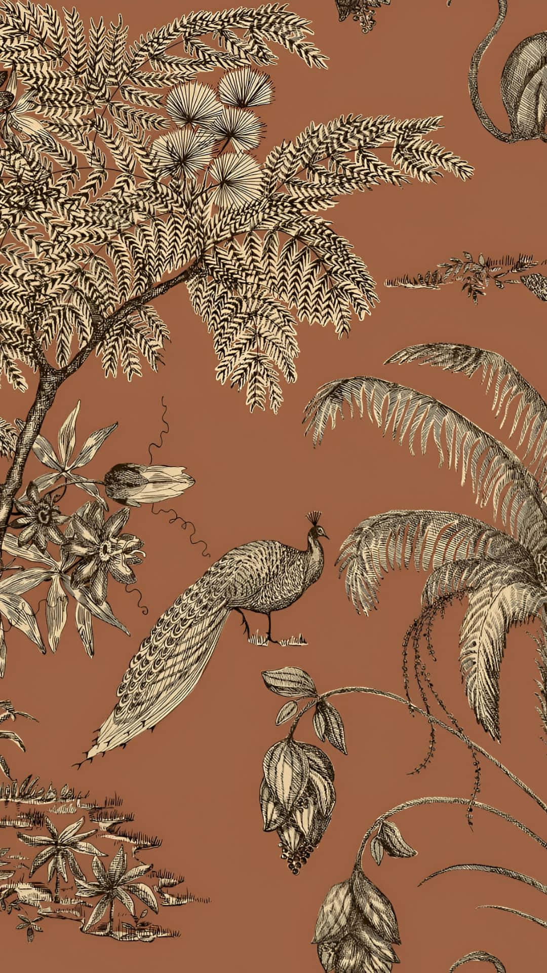  壁紙 — 在溫暖赤陶色牆紙上，以復古植物插圖風格描繪的優雅孔雀，置身於錯綜複雜的熱帶葉片中。