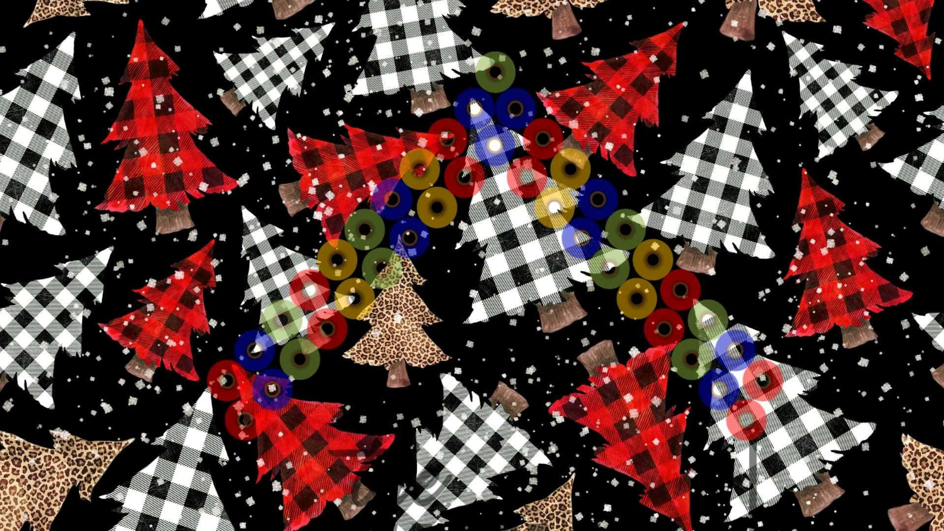  壁紙 — 在雪白的黑色背景上，紅黑格仔聖誕樹配上色彩繽紛的裝飾和豹紋點綴的節日圖案。