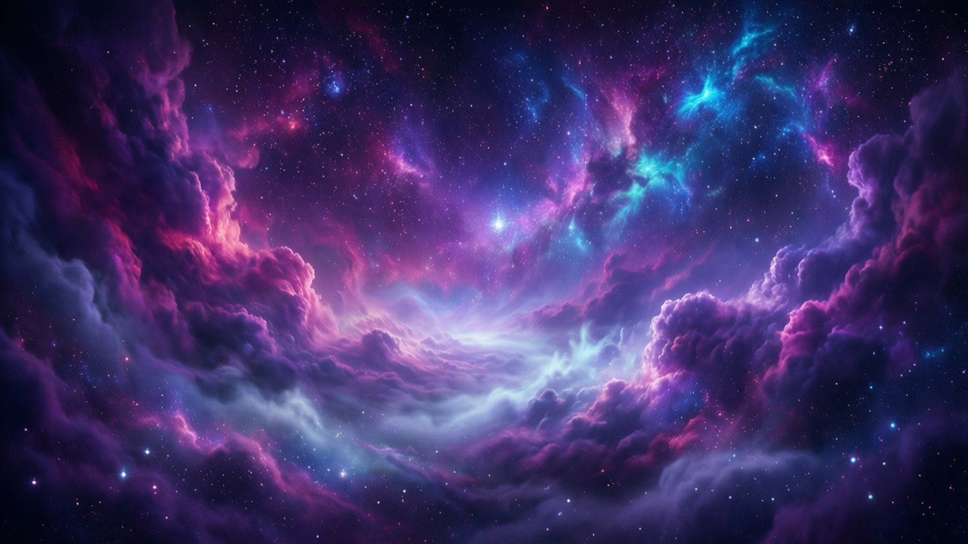 Pixiz 桌布 壁紙 — 在宇宙穹頂下，充滿活力的宇宙星雲以電紫色和藍色在星場中旋轉。