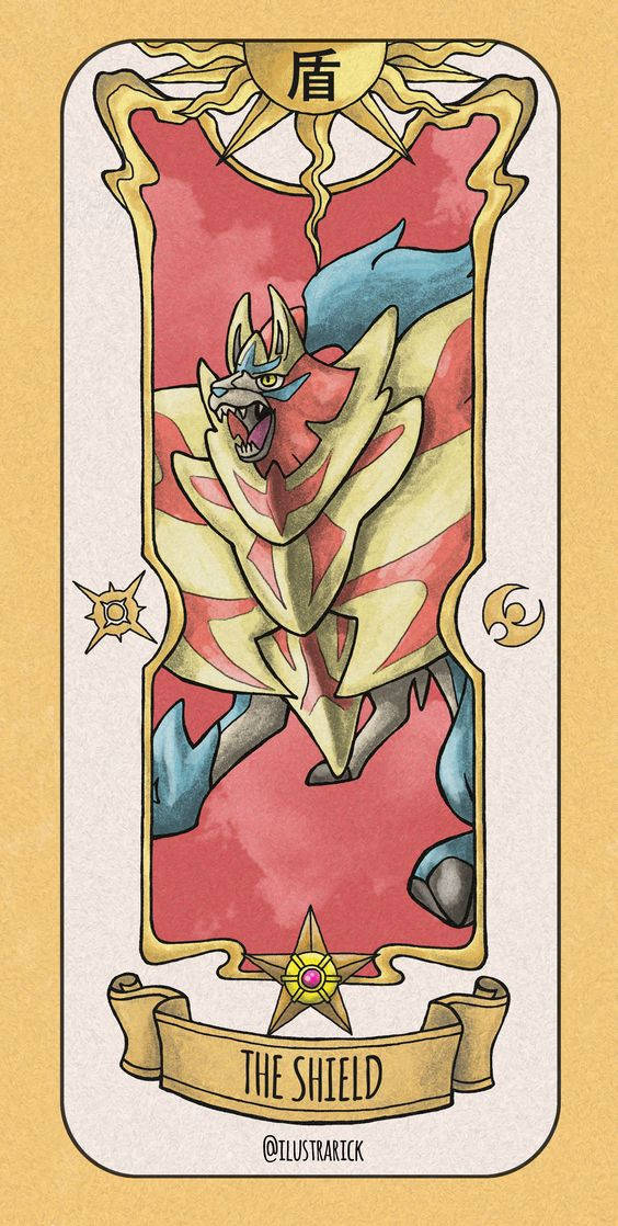 一張插圖盾牌卡，上面有一隻穿著紅金鎧甲咆哮的野獸。