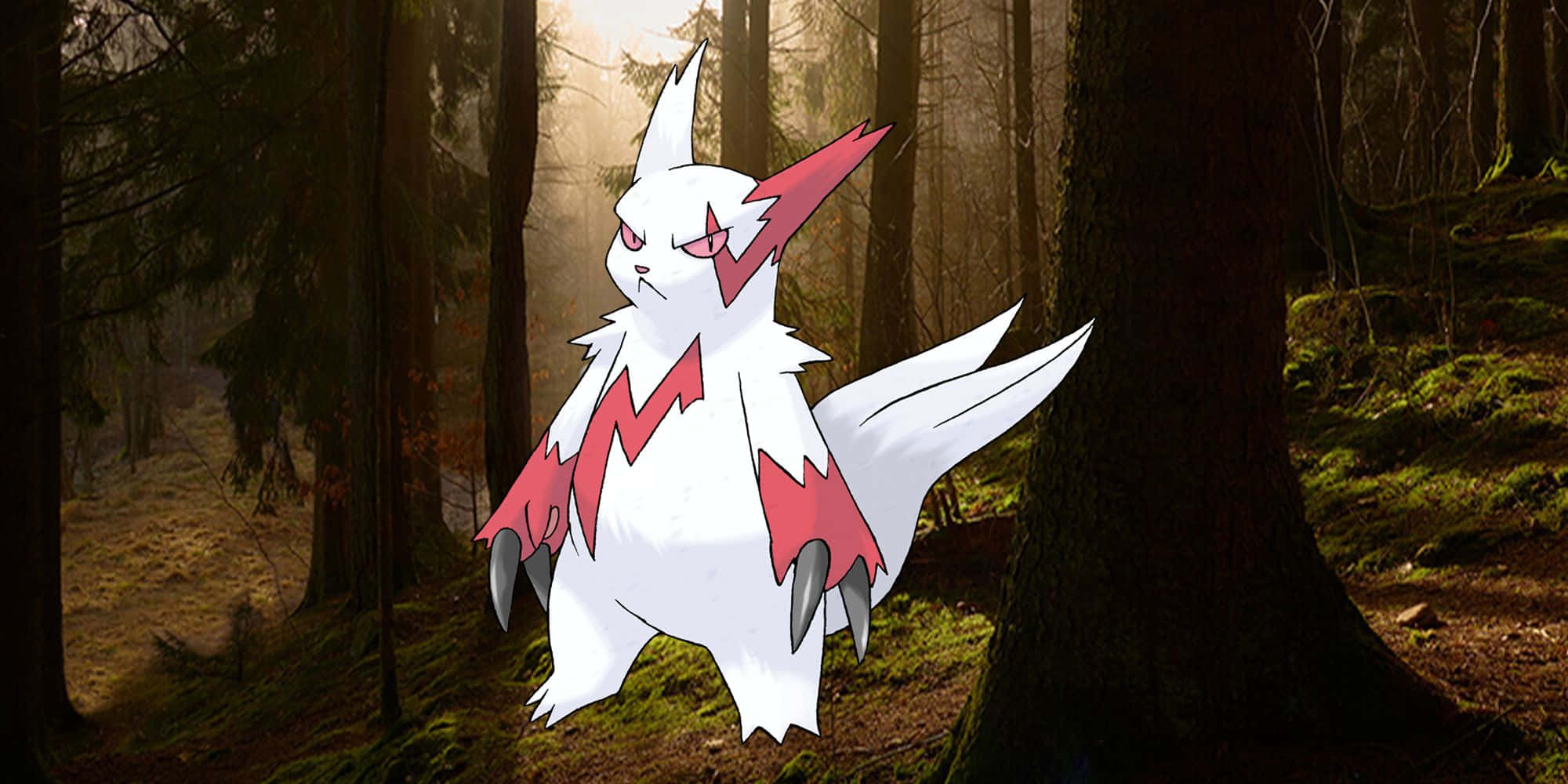 Zangoose 在黑暗森林中 壁紙 — 一隻白色和紅色的電屬性寶可夢在霧氣瀰漫的森林中警覺地站著，周圍有高大的樹木和斑駁的陽光。