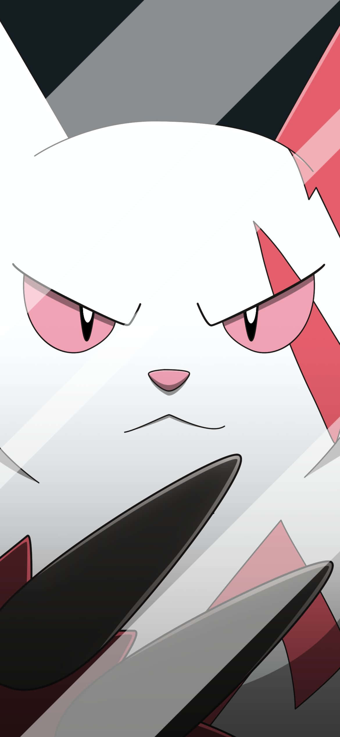 Zangoose 的憤怒表情 壁紙 — 一隻憤怒的白色動漫貓，擁有粉紅色眼睛和紅色標記，在幾何背景前手持刀刃的特寫。