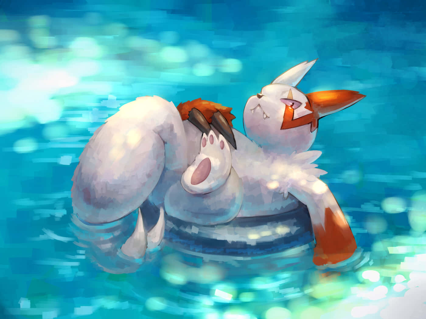 漂浮的 Zangoose 壁紙 — 一隻毛茸茸的白色和橙色寶可夢在發光的藍綠色水中平靜地漂浮，帶有柔和的光線反射。