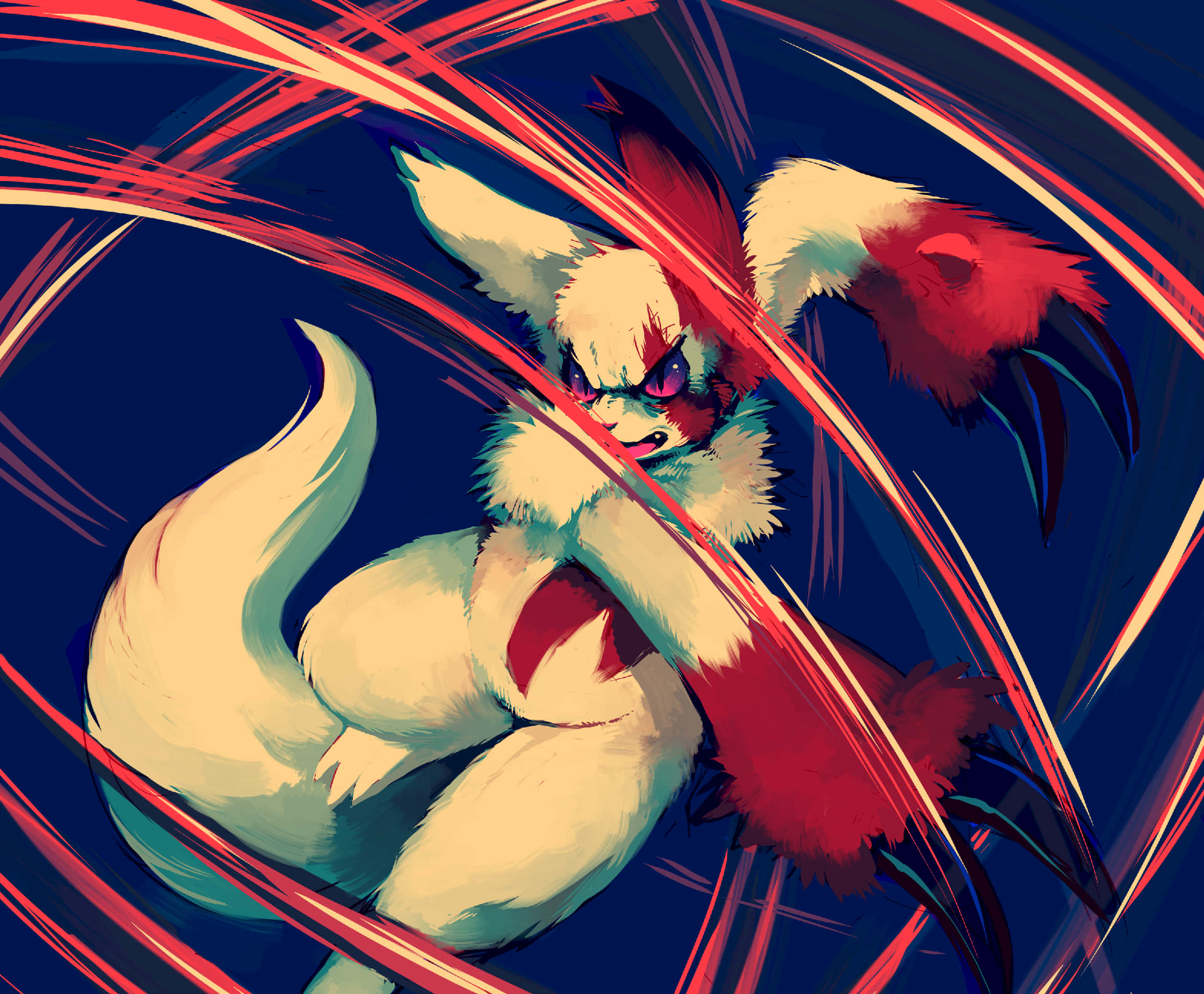 Zangoose 的鋒利爪子 壁紙 — 一隻兇猛的狐狸狀生物，帶有紅白相間的毛髮，劃過深藍色背景，伴隨發光的紅色條紋。
