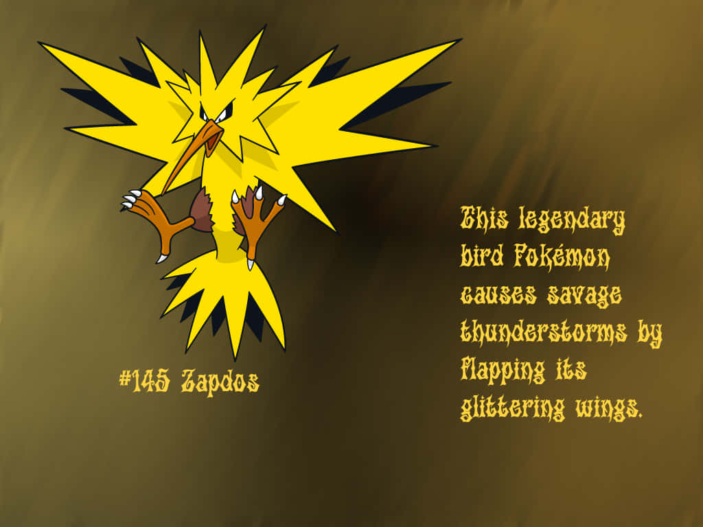 黃色鳥類寶可夢閃電鳥，帶有閃電翅膀和描述性文字。