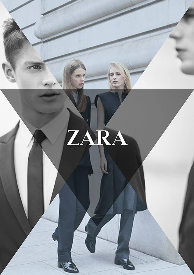 Zara時尚海報 壁紙 — 幾何碎片化的黑白肖像，Zara時尚模特兒在石牆建築前行走。
